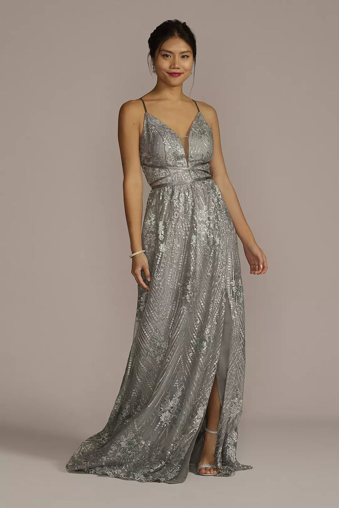 Sequin Embroidered Plunge Bridesmaid Dress - Grey