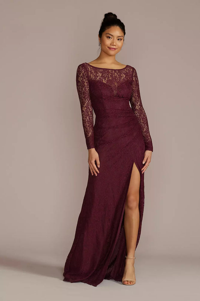 Long-Sleeve Lace Dress with Slit - Red