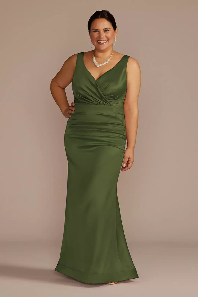 Stretch Satin Ruched Mermaid Dress - Green