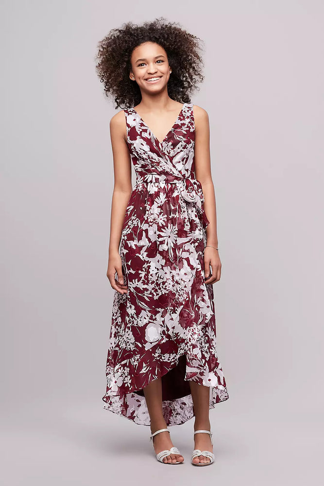 Printed Chiffon Faux-Wrap Junior Bridesmaid Dress - Red