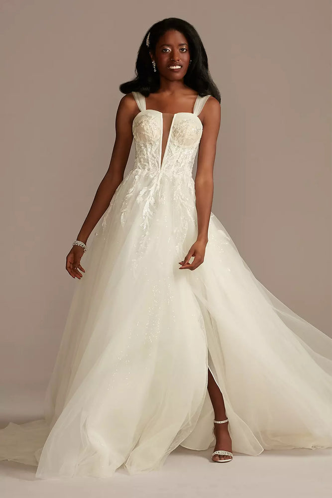 Removable Straps Tulle Wedding Dress with Slits - Ivory