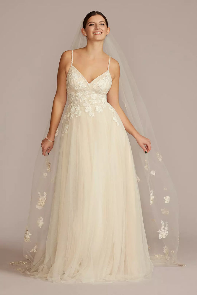 Beaded Lace Applique Tulle A-Line Wedding Gown - Beige,Ivory