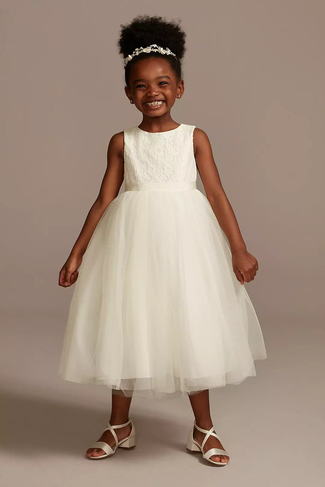 Lace and Mesh Tank Flower Girl Dress - Ivory