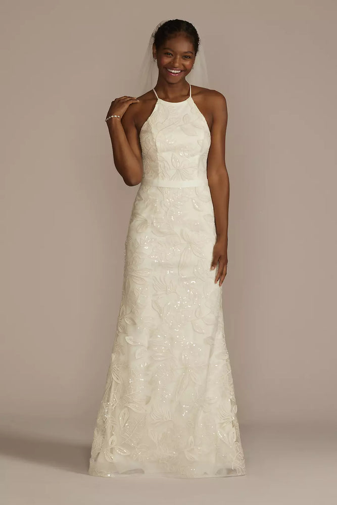 Sequin Leaf-Appliqued High Neck Petite Gown - Ivory