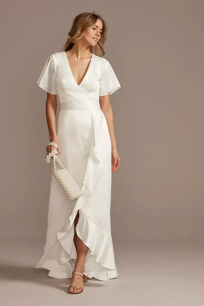 Flutter Sleeve Stretch Satin Dress with Ruffle Hem - Ivory