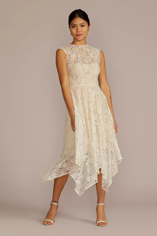 High Neck Lace Dress with Asymmetrical Skirt - Ivory