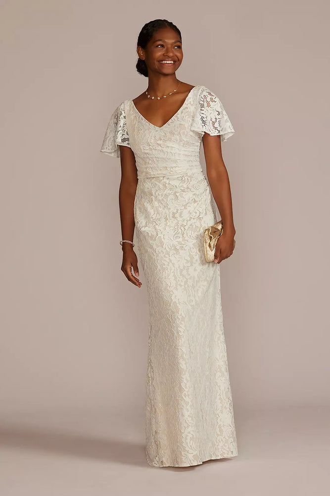 Lace Flutter Sleeve Draped Sheath Wedding Gown - Ivory