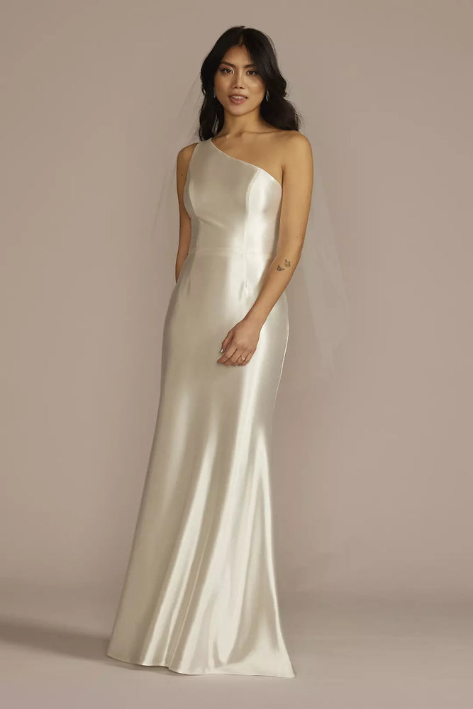 One-Shoulder Ruched Back Sheath Wedding Dress - Ivory