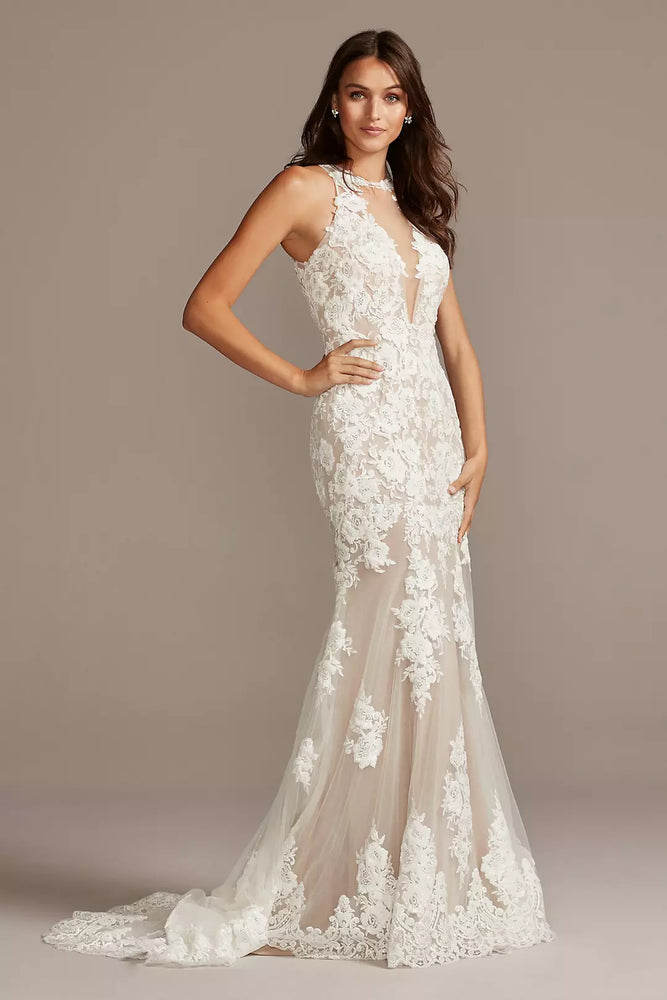 Illusion Sequin Floral Applique Wedding Dress - Ivory