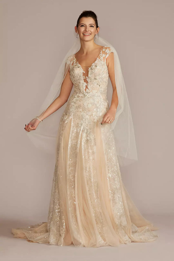 Illusion Embellished Drop Waist Wedding Gown - Ivory