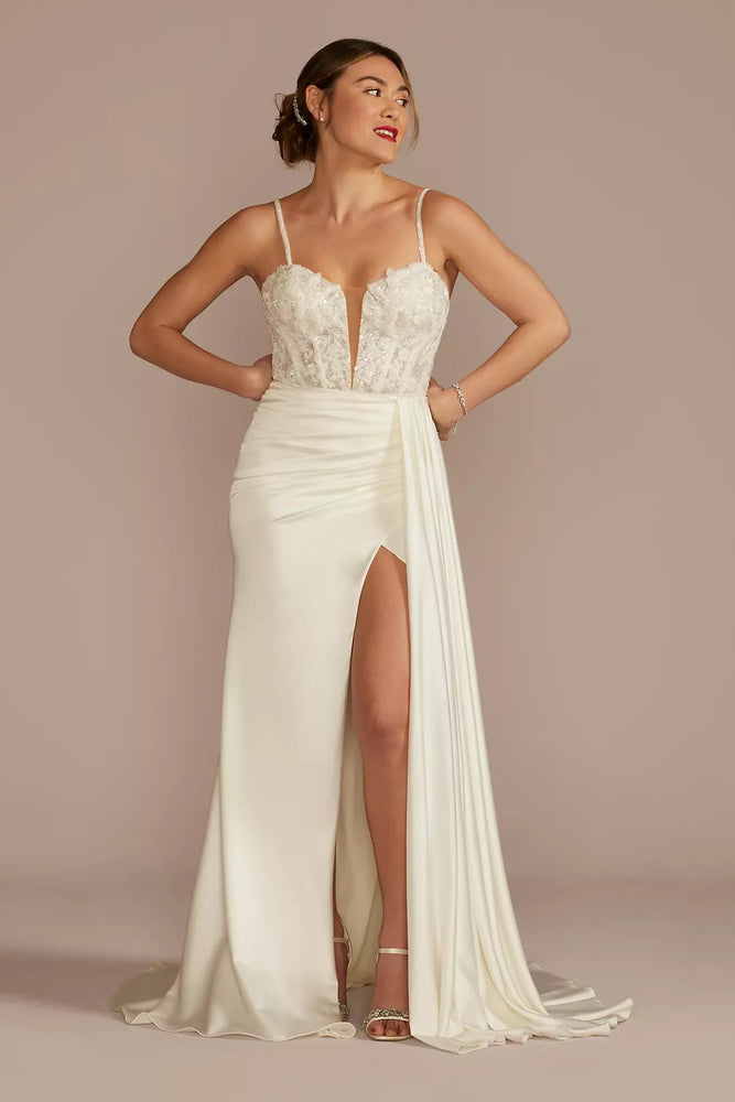 Beaded Corset Bodice Sheath Draped Wedding Dress - Ivory