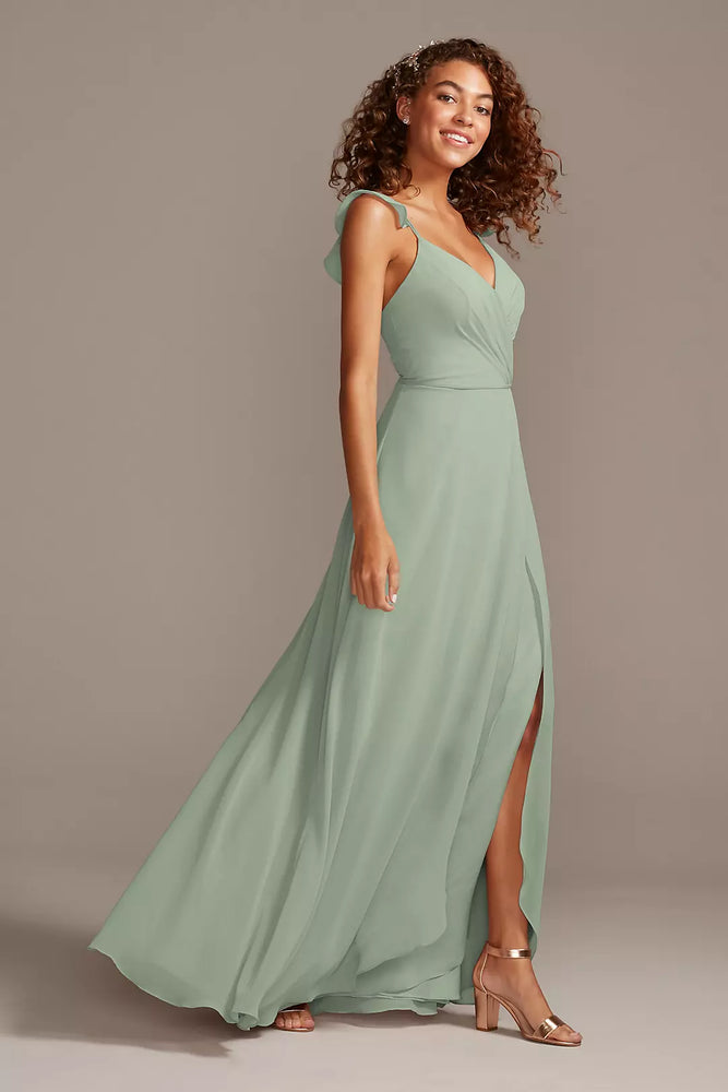 Ruffle Spaghetti Strap Chiffon Dress - Green