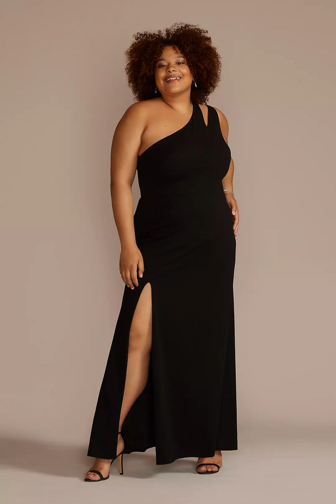 Plus Size Cutout One-Shoulder Crepe Gown with Slit - Black