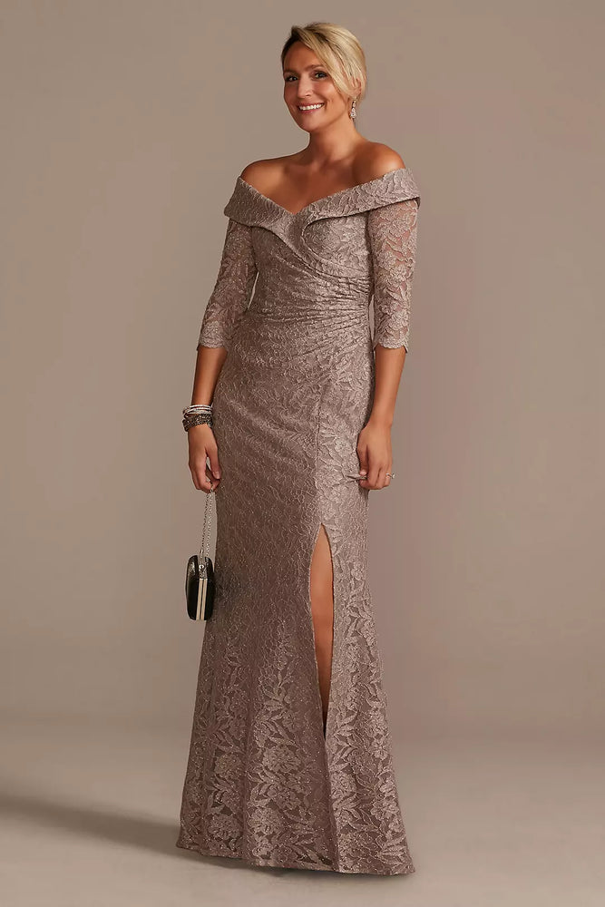 Off-the-Shoulder V-Neck Ruched Lace Gown - Brown