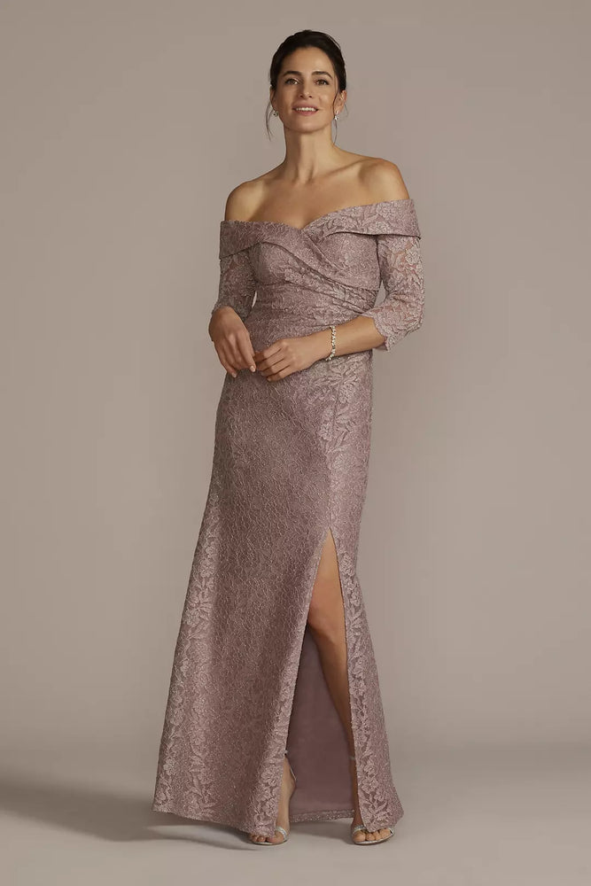 Off-the-Shoulder V-Neck Ruched Lace Gown - Pink