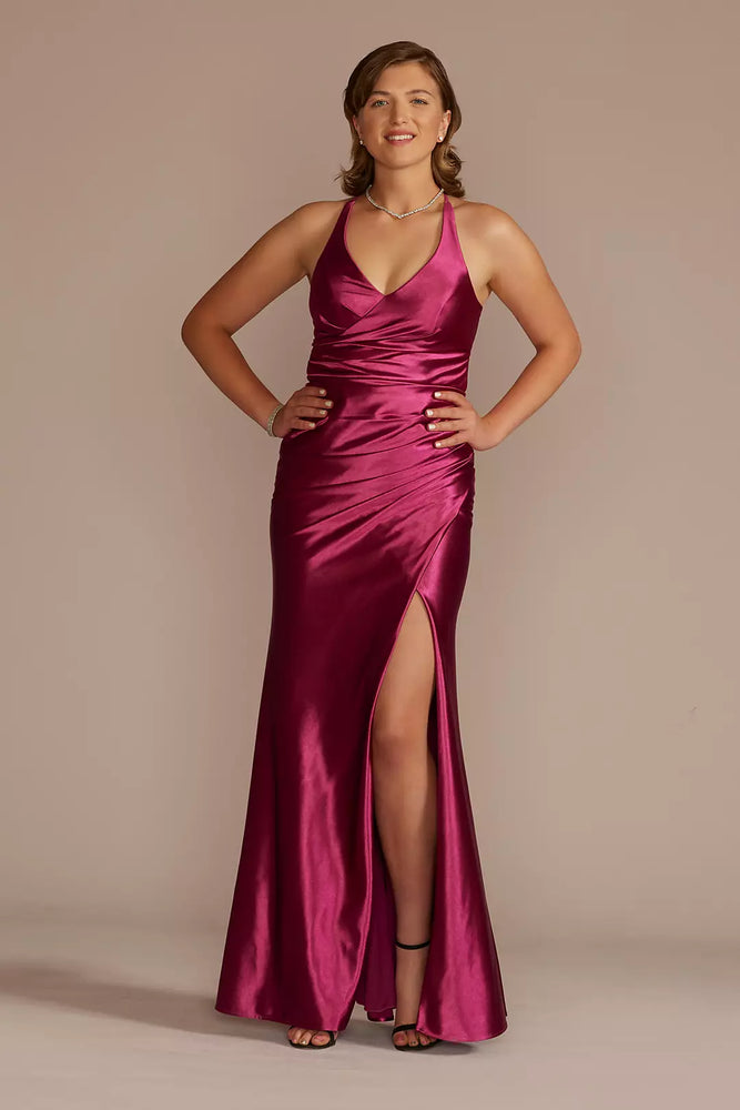 Ruched V-Neck Stretch Satin Sheath Gown with Slit - Purple,Red