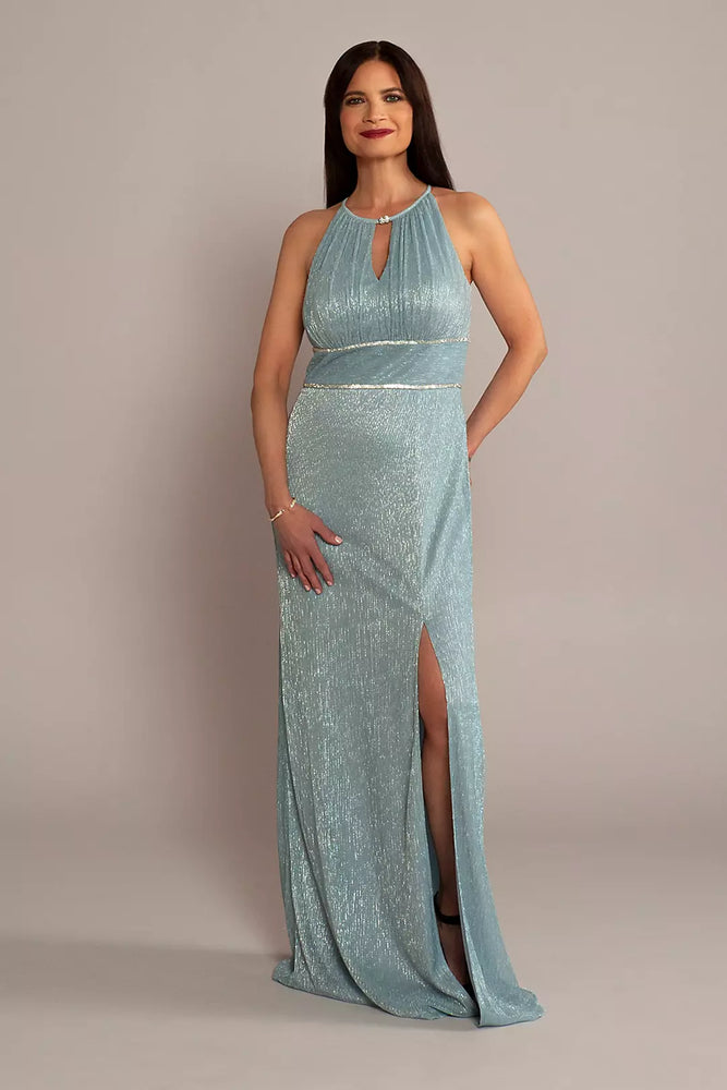 High-Neck Glitter A-Line Gown with Keyholes - Blue