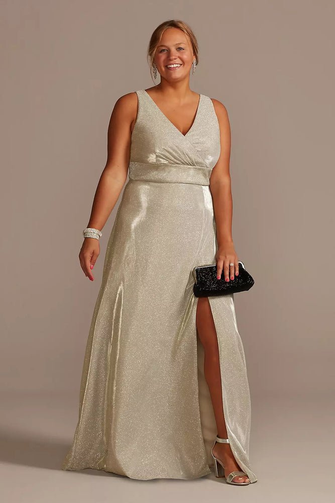 Metallic A-Line Tank Plus Gown with Slit Skirt - Ivory