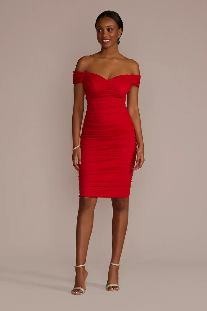 Off-the-Shoulder Mesh Mini Sheath Dress - Red