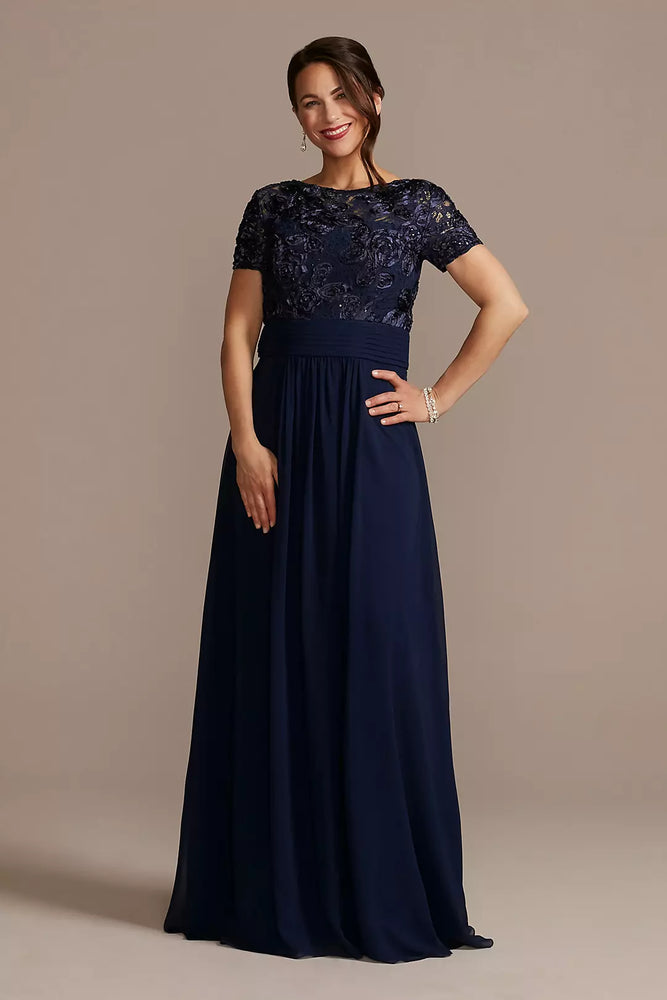 Floor Length Sheath Gown with Lace Bodice - Blue