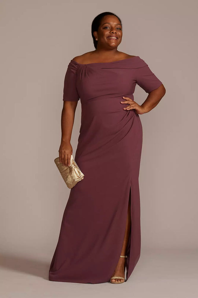 Plus Crepe Off the Shoulder Sheath with Skirt Slit - Pink