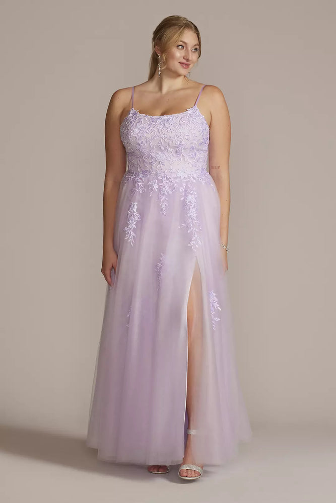 Plus Size Embroidered Lace Tulle A-Line Dress - Purple