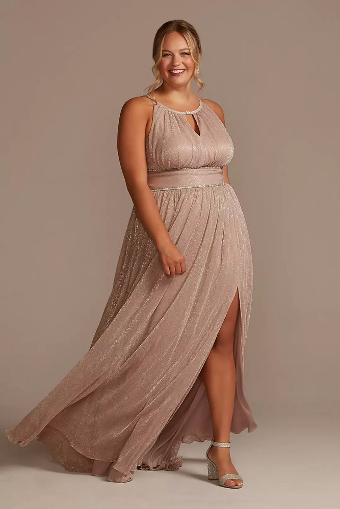 Plus Size Pleated Long Halter Dress with Keyhole - Pink