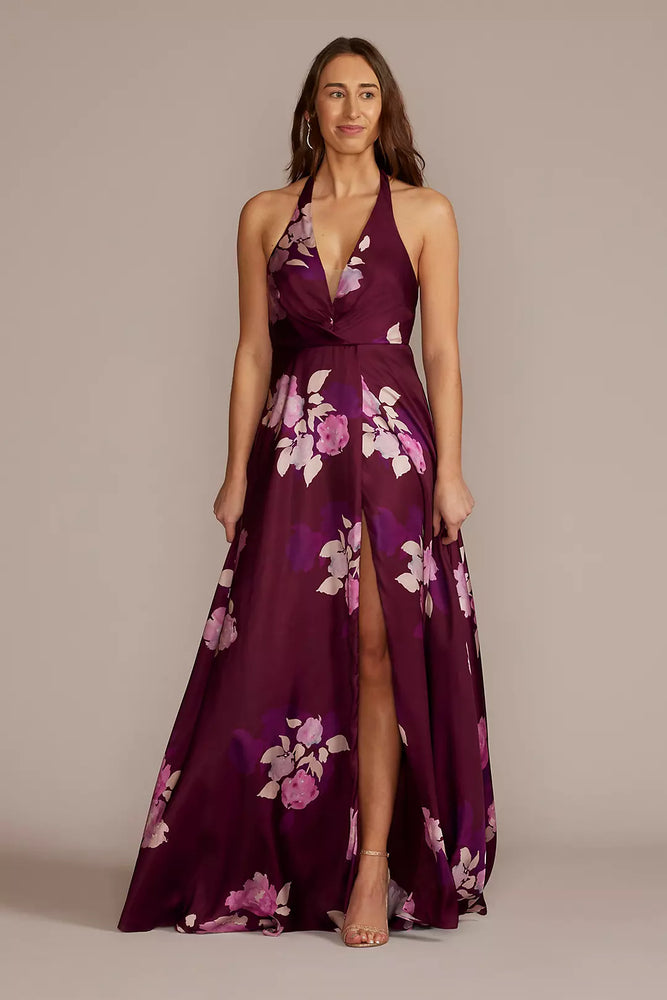 Floor Length Floral Print Halter A-Line with Slit - Multi