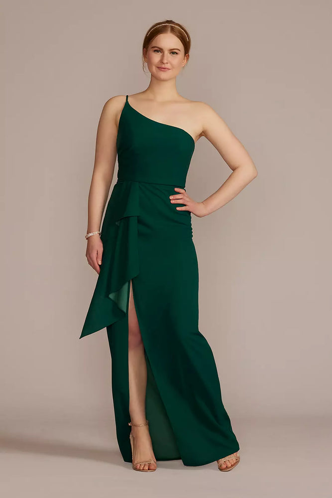 One-Shoulder Crepe Sheath with Cascade Ruffle - Green