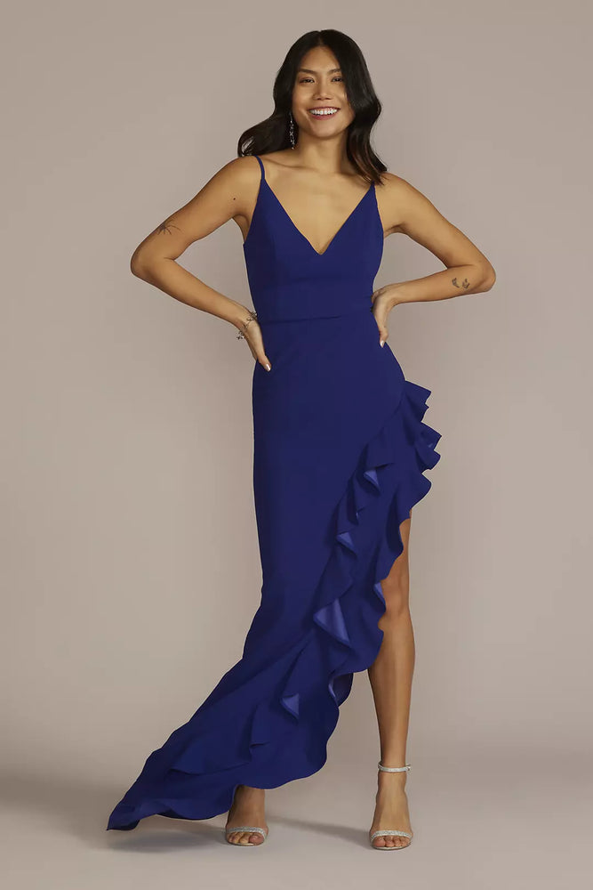 Asymmetrical Ruffled Slit Crepe Dress - Blue