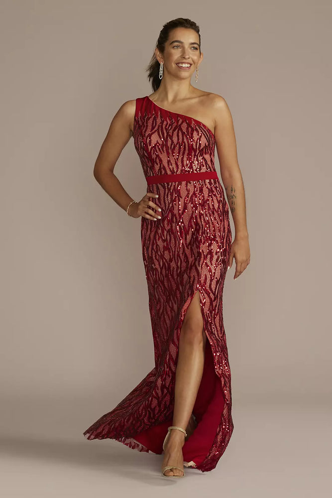 Sequin Lace One Shoulder Sheath Gown - Red