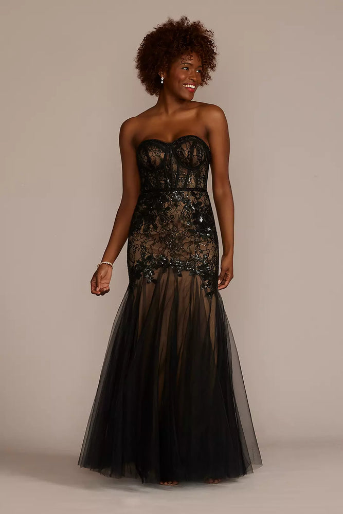 Strapless Corset Gown with Tulle Trumpet Skirt - Black