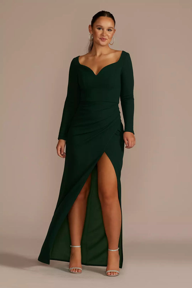 Long Sleeve Sweetheart Crepe Dress with Slit - Green