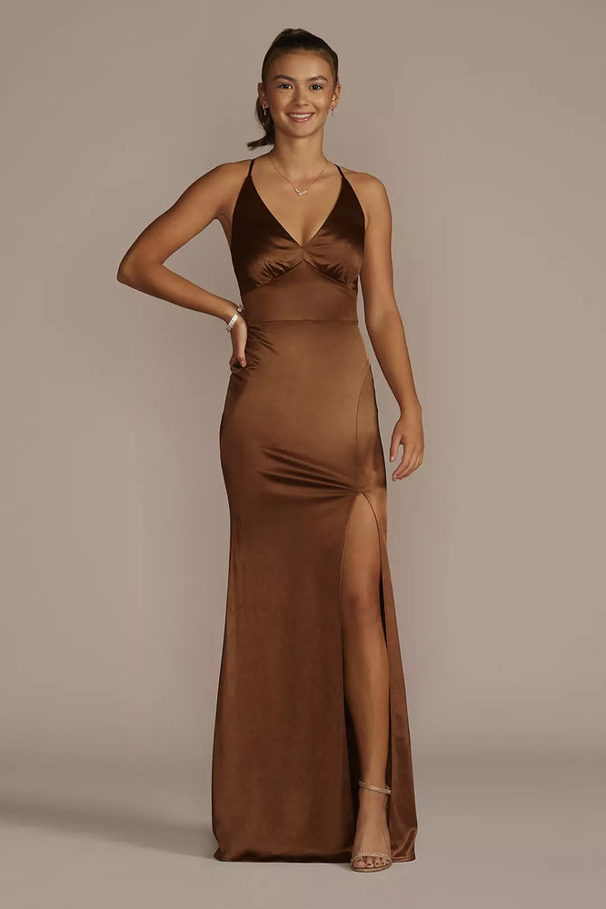 Satin Sheath Dress with Lace-Up Back - Brown