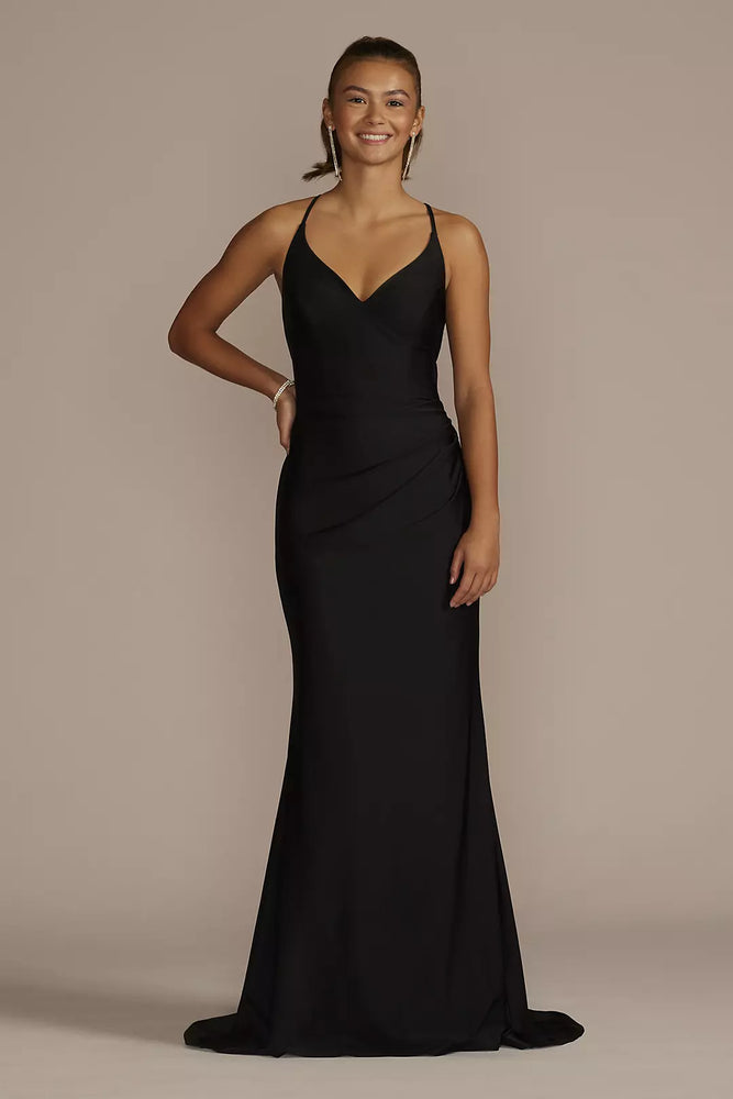 Stretch Satin V-Neck Mermaid Dress with Train - Black