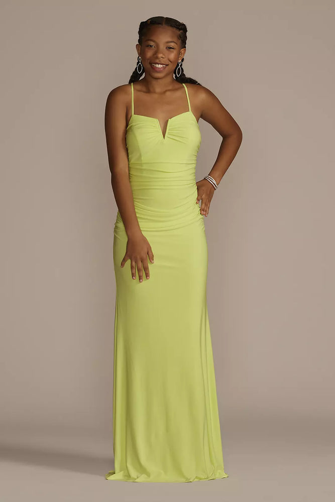 Notch V-Neck Ruched Jersey Sheath - Green