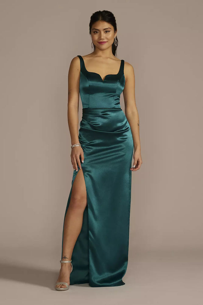 Notch Neck Textured Satin Sheath Dress with Slit - Green