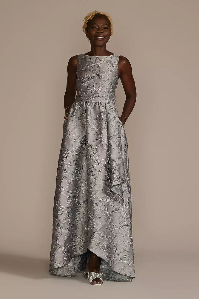 High Neck Metallic Jacquard Ball Gown - Blue