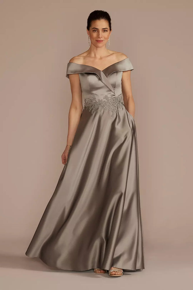 Embroidered Off-the-Shoulder Satin A-Line Dress - Grey