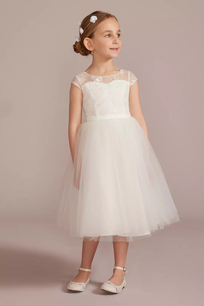 Floral Lace Illusion Cap Sleeve Flower Girl Dress - Ivory