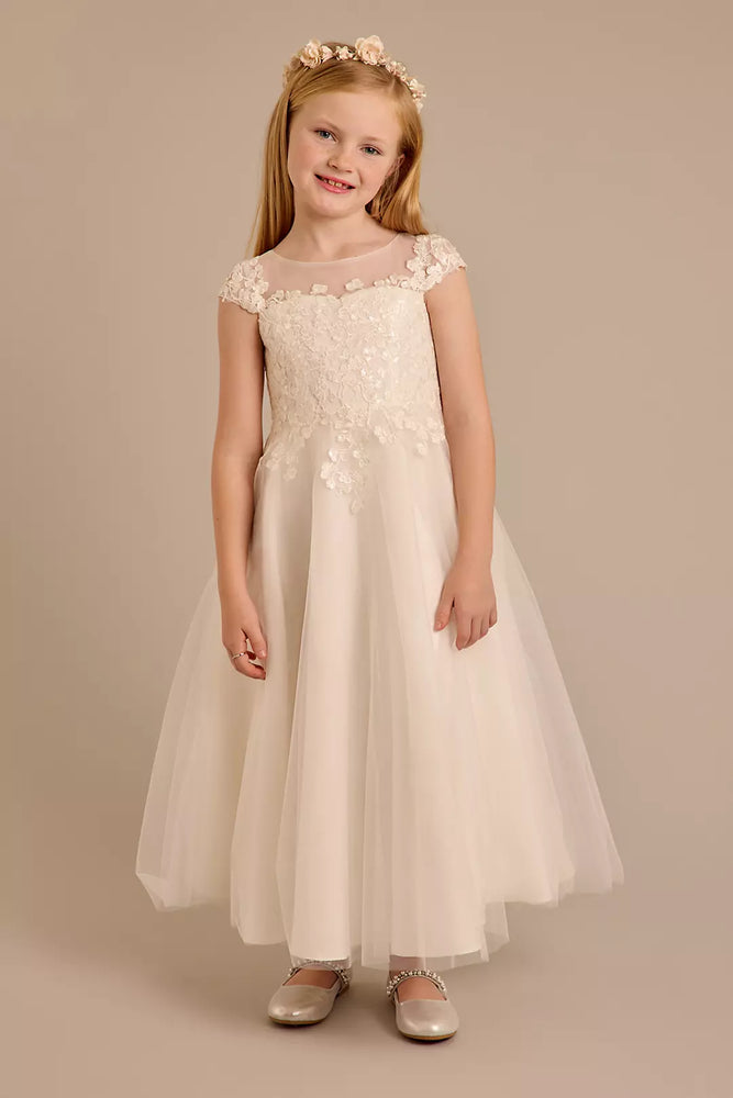 Tulle Flower Girl Dress with Lace Appliques - Ivory