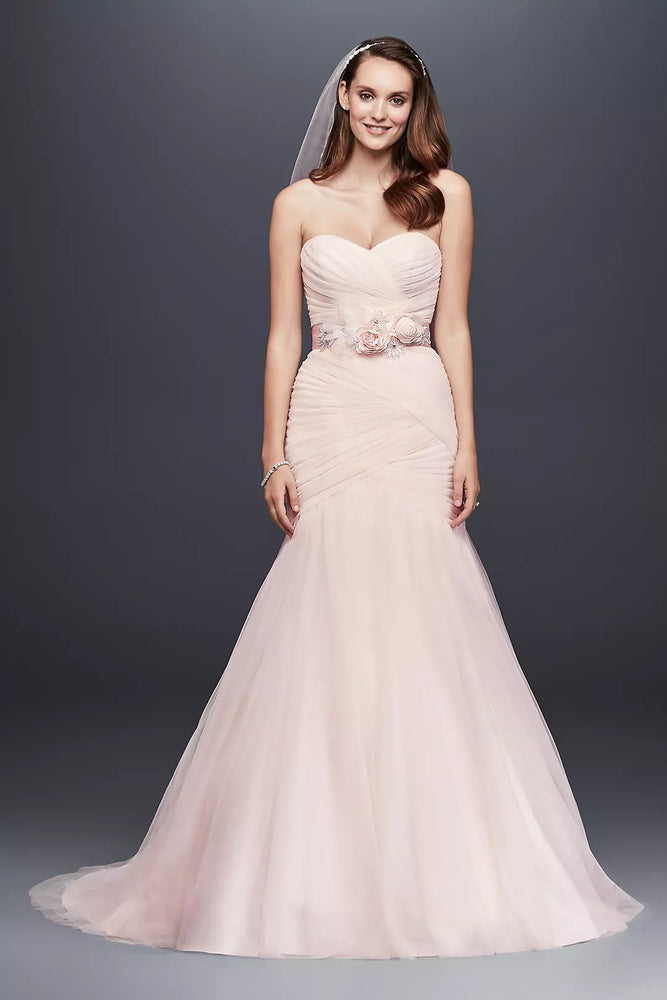 Strapless Ruched Mermaid Tulle Wedding Dress - Pink