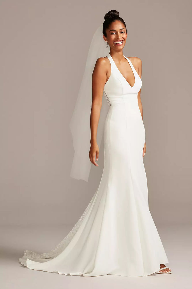 Sheer Back Crepe Wedding Dress with Lace Train - Ivory