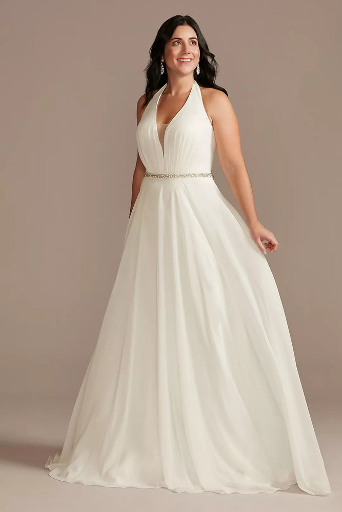 Chiffon Halter Plunge Beaded Waist Wedding Dress - Ivory