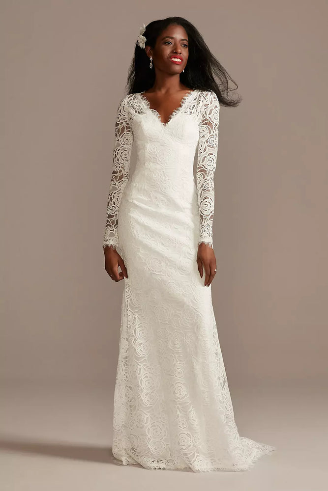 Long Sleeve Lace Wedding Dress with Tassel Tie - Ivory