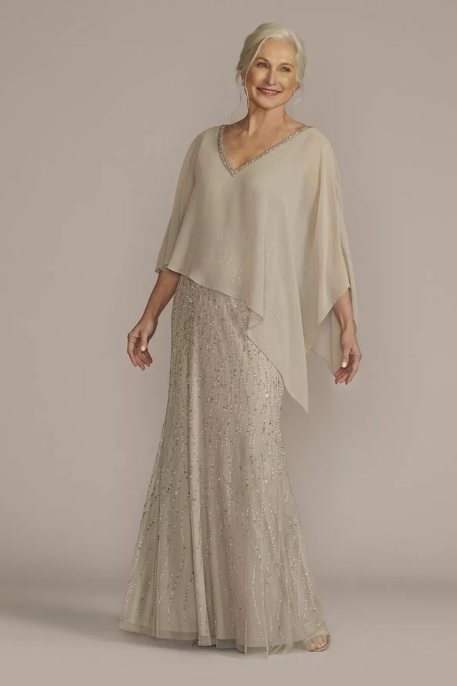 Beaded V-Neck Sheath Gown with Chiffon Capelet - Grey