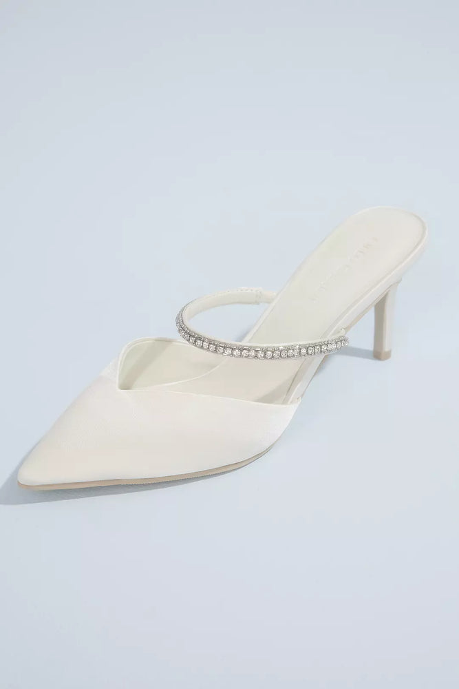 Crystal Strap Pointed Toe Satin Mules - Ivory