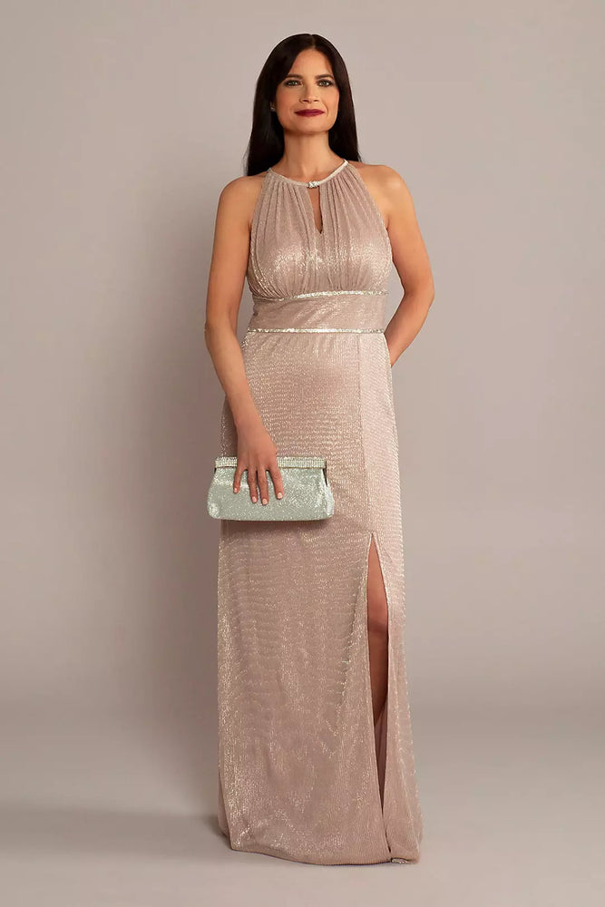 High-Neck Glitter A-Line Gown with Keyholes - Pink