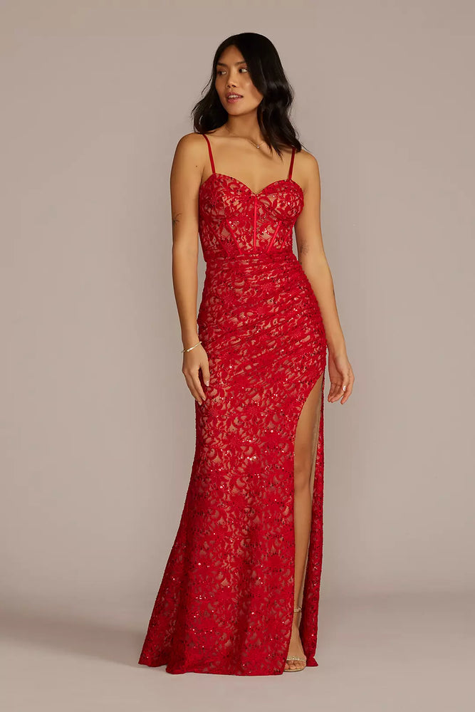 Allover Lace Corset Sheath with Side Slit - Red