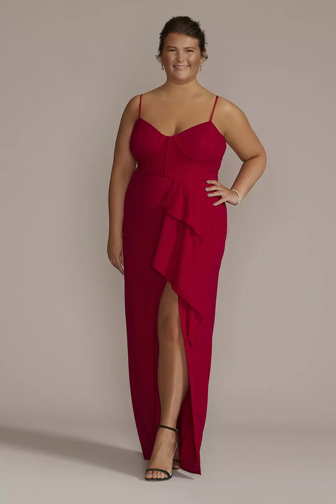 Plus Size Crepe Corset Sheath with Ruffle Slit - Red